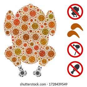 Mosaic fried chicken constructed from SARS virus icons in different sizes and color hues. Vector infection parts are united into abstract mosaic fried chicken icon. Some bonus icons are added.