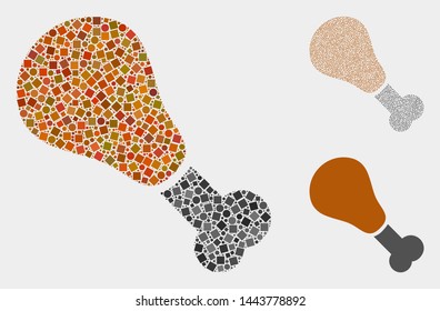 Mosaic Fried chicken leg icon composed of round and square items in different sizes, positions and proportions. Vector round and square dots are combined into abstract mosaic fried chicken leg icons.