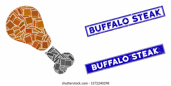 Mosaic fried chicken leg pictogram and rectangle Buffalo Steak seal stamps. Flat vector fried chicken leg mosaic icon of scattered rotated rectangle items.