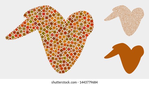 Mosaic Fried chicken wing icon composed of circle and square items in random sizes, positions and proportions.