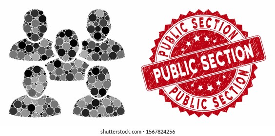 Mosaic friends crowd and corroded stamp seal with Public Section caption. Mosaic vector is composed with friends crowd icon and with random spheric spots. Public Section stamp uses red color,