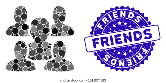 Mosaic friends icon and distressed stamp seal with Friends phrase. Mosaic vector is formed with friends icon and with random round items. Friends stamp uses blue color, and grunge design.