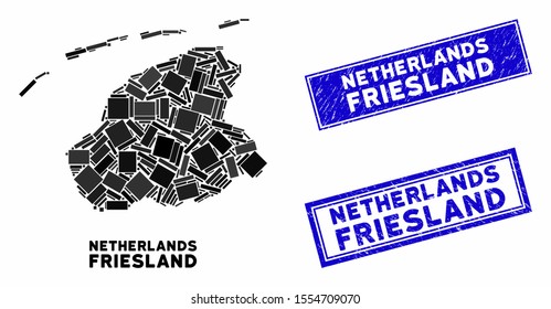 Mosaic Friesland Province map and rectangular seals. Flat vector Friesland Province map mosaic of scattered rotated rectangular items. Blue caption seals with rubber texture.