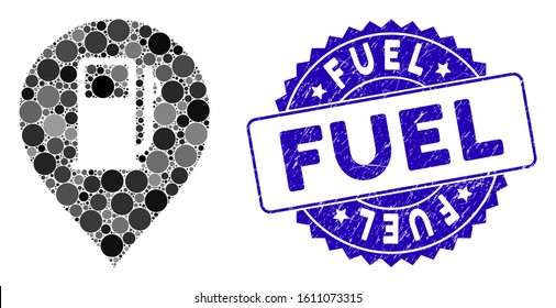 Mosaic fuel station marker icon and distressed stamp seal with Fuel text. Mosaic vector is designed from fuel station marker icon and with random round elements. Fuel stamp seal uses blue color,