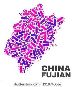 Mosaic Fujian Province map isolated on a white background. Vector geographic abstraction in pink and violet colors. Mosaic of Fujian Province map combined of scattered circle points and lines.