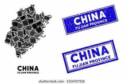 Mosaic Fujian Province map and rectangle watermarks. Flat vector Fujian Province map mosaic of randomized rotated rectangle elements. Blue caption rubber stamps with scratched textures.