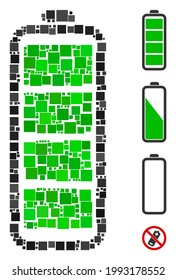 Mosaic Full battery icon constructed from square items in random sizes and color hues. Vector square items are united into abstract mosaic full battery icon. Bonus pictograms are added.