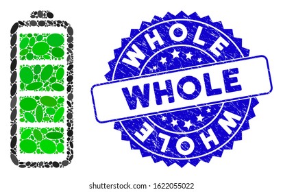 Mosaic full battery icon and rubber stamp seal with Whole text. Mosaic vector is created with full battery icon and with random ellipse spots. Whole stamp uses blue color, and dirty texture.