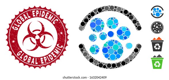 Mosaic full icon and grunge stamp seal with Global Epidemic phrase and biohazard symbol. Mosaic vector is created from full icon and with scattered round elements.