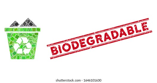 Mosaic full recycle bin icon and red Biodegradable seal stamp between double parallel lines. Flat vector full recycle bin mosaic pictogram of scattered rotated rectangular elements.