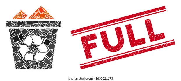 Mosaic full recycle bin pictogram and red Full watermark between double parallel lines. Flat vector full recycle bin mosaic pictogram of scattered rotated rectangle elements.