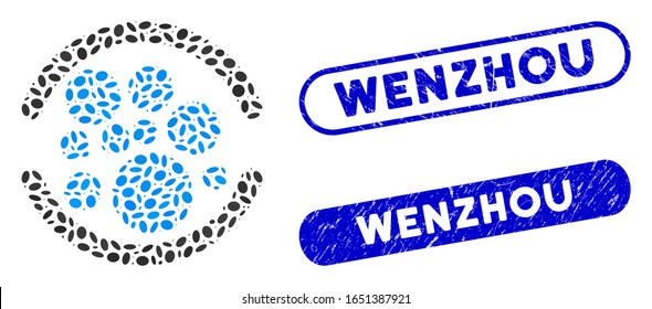 Mosaic full and rubber stamp seals with Wenzhou phrase. Mosaic vector full is created with scattered ellipse elements. Wenzhou stamp seals use blue color, and have rounded rectangle shape.