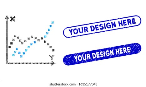 Mosaic functions plot and corroded stamp seals with Your Design Here phrase. Mosaic vector functions plot is composed with scattered rectangle items. Your Design Here seals use blue color,