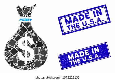 Mosaic fund icon and rectangular Made in the U.S.A. seal stamps. Flat vector fund mosaic icon of randomized rotated rectangular elements. Blue Made in the U.S.A. seal stamps with rubber texture.