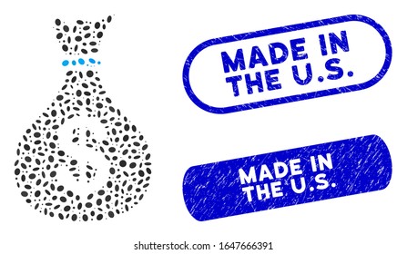 Mosaic fund and rubber stamp seals with Made in the U.S. caption. Mosaic vector fund is designed with random ellipse spots. Made in the U.S. seals use blue color, and have round rectangle shape.