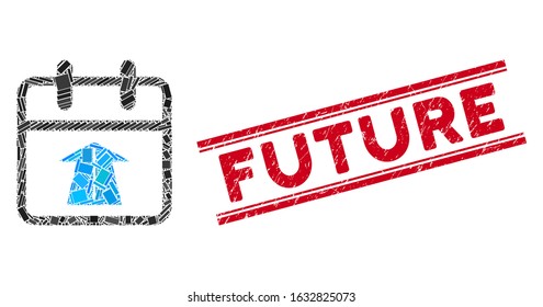 Mosaic future day pictogram and red Future seal between double parallel lines. Flat vector future day mosaic pictogram of randomized rotated rectangular elements.