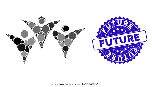 Mosaic future people group icon and rubber stamp seal with Future caption. Mosaic vector is formed from future people group icon and with randomized spheric items. Future stamp uses blue color,