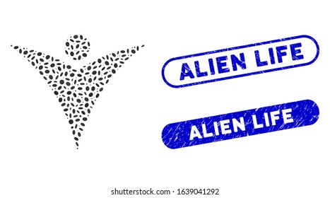 Mosaic futuristic man and grunge stamp watermarks with Alien Life phrase. Mosaic vector futuristic man is composed with random ellipse spots. Alien Life stamp seals use blue color,