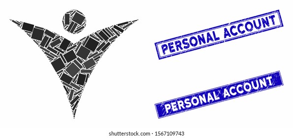 Mosaic futuristic man icon and rectangle stamps. Flat vector futuristic man mosaic icon of randomized rotated rectangular items. Blue caption rubber stamps with rubber texture.