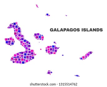 Mosaic Galapagos Islands map isolated on a white background. Vector geographic abstraction in pink and violet colors. Mosaic of Galapagos Islands map combined of random square elements.