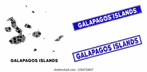 Mosaic Galapagos Islands map and rectangular seal stamps. Flat vector Galapagos Islands map mosaic of scattered rotated rectangular items. Blue caption seal stamps with grunged textures.