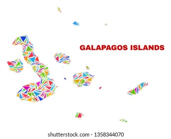 Mosaic Galapagos Islands map of triangles in bright colors isolated on a white background. Triangular collage in shape of Galapagos Islands map. Abstract design for patriotic illustrations.