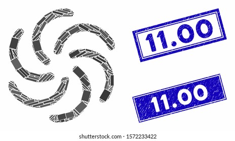 Mosaic galaxy pictogram and rectangle 11.00 rubber prints. Flat vector galaxy mosaic pictogram of scattered rotated rectangle elements. Blue 11.00 stamps with grunge surface.