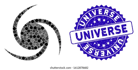 Mosaic galaxy rotation icon and distressed stamp seal with Universe text. Mosaic vector is formed with galaxy rotation icon and with randomized round elements. Universe seal uses blue color,