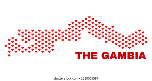 Mosaic the Gambia map of valentine hearts in red color isolated on a white background. Regular red heart pattern in shape of the Gambia map. Abstract design for Valentine decoration.