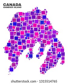 Mosaic Gambier Island map isolated on a white background. Vector geographic abstraction in pink and violet colors. Mosaic of Gambier Island map combined of scattered square elements.