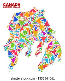 Mosaic Gambier Island map of triangles in bright colors isolated on a white background. Triangular collage in shape of Gambier Island map. Abstract design for patriotic illustrations.