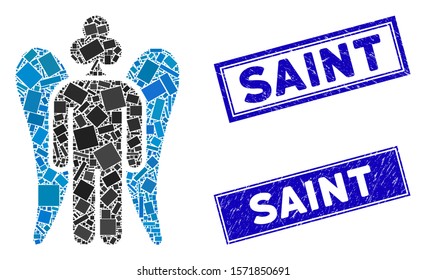 Mosaic gambling angel pictogram and rectangular Saint seals. Flat vector gambling angel mosaic pictogram of scattered rotated rectangular items. Blue Saint rubber seals with grunge surface.