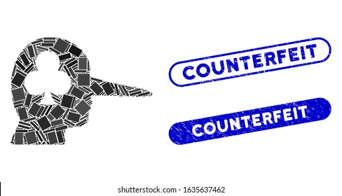 Mosaic gambling jerk and corroded stamp seals with Counterfeit caption. Mosaic vector gambling jerk is composed with randomized rectangle items. Counterfeit stamp seals use blue color, svg