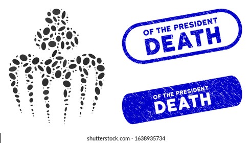 Mosaic gambling spectre monster and distressed stamp seals with Of the President Death text. Mosaic vector gambling spectre monster is designed with randomized ellipse spots.