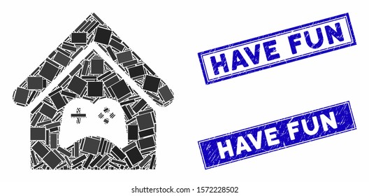 Mosaic game center building pictogram and rectangle Have Fun stamps. Flat vector game center building mosaic pictogram of random rotated rectangle elements.
