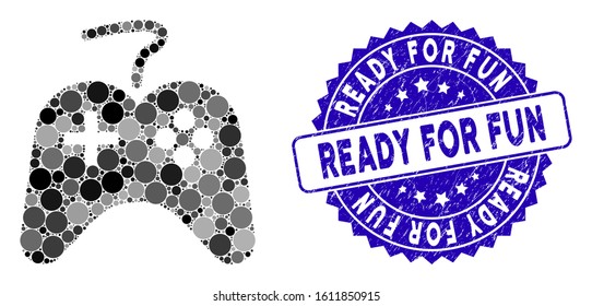 Mosaic games console icon and rubber stamp seal with Ready for Fun phrase. Mosaic vector is created with games console icon and with random round spots. Ready for Fun stamp uses blue color,