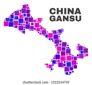 Mosaic Gansu Province map isolated on a white background. Vector geographic abstraction in pink and violet colors. Mosaic of Gansu Province map combined of scattered square items.