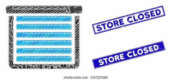 Mosaic garage closed pictogram and rectangle rubber prints. Flat vector garage closed mosaic pictogram of random rotated rectangle items. Blue caption rubber seals with distress surface.