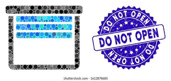 Mosaic garage empty icon and distressed stamp seal with Do Not Open text. Mosaic vector is formed with garage empty icon and with scattered spheric items. Do Not Open stamp seal uses blue color,