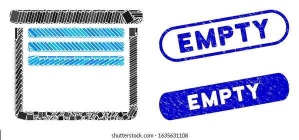Mosaic garage empty and rubber stamp seals with Empty text. Mosaic vector garage empty is designed with randomized rectangle items. Empty stamp seals use blue color, and have round rectangle shape.