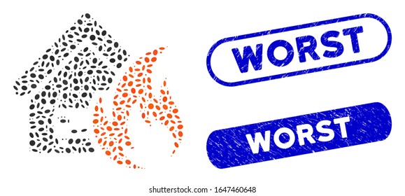 Mosaic garage fire disaster and distressed stamp seals with Worst caption. Mosaic vector garage fire disaster is composed with randomized oval dots. Worst seals use blue color,