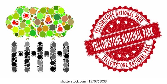 Mosaic garden and corroded stamp seal with Yellowstone National Park phrase. Mosaic vector is designed with garden icon and with randomized circle spots.