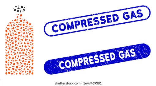 Mosaic gas cylinder and corroded stamp seals with Compressed Gas phrase. Mosaic vector gas cylinder is composed with scattered elliptic elements. Compressed Gas seals use blue color,