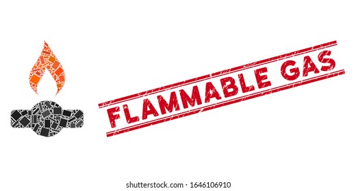 Mosaic gas flame icon and red Flammable Gas stamp between double parallel lines. Flat vector gas flame mosaic icon of scattered rotated rectangular elements.