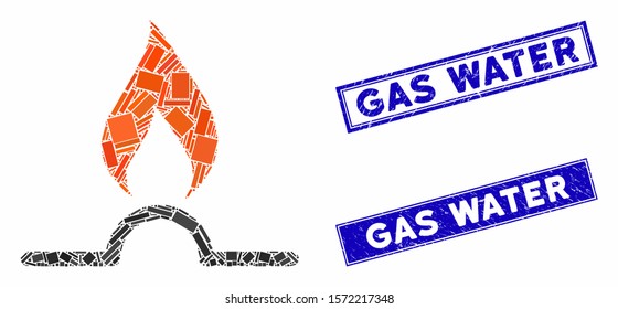 Mosaic gas flame pictogram and rectangle Gas Water watermarks. Flat vector gas flame mosaic pictogram of scattered rotated rectangle items. Blue Gas Water watermarks with distress textures.