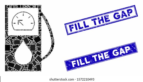 Mosaic gas station icon and rectangular Fill the Gap seals. Flat vector gas station mosaic icon of random rotated rectangular items. Blue Fill the Gap rubber seals with rubber texture.