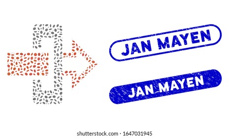 Mosaik Gateway und korrodierte Siegel mit Jan Mayen Phrase. Das Mosaik-Vektorillustration-Gateway wird mit verstreuten elliptischen Teilen erstellt. Jan Mayen Stempelrobben verwenden blaue Farben und haben ein rundes Rechteck.