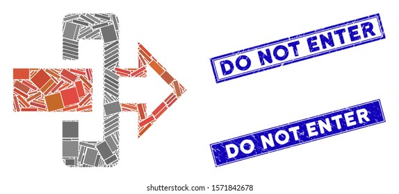 Mosaic gateway pictogram and rectangle Do Not Enter seals. Flat vector gateway mosaic pictogram of scattered rotated rectangle elements. Blue Do Not Enter seals with rubber textures.