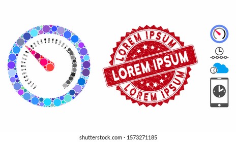 Mosaic gauge icon and grunge stamp watermark with Lorem Ipsum text. Mosaic vector is designed from gauge icon and with random circle elements. Lorem Ipsum stamp seal uses red color, and grunge design.