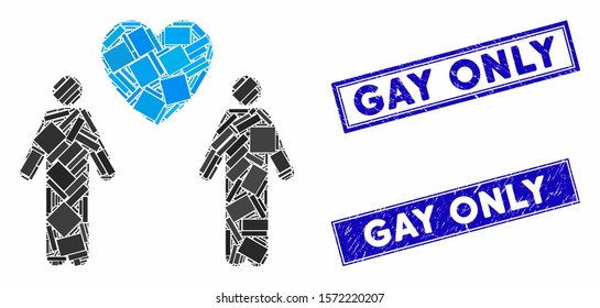 Mosaic gay lovers pictogram and rectangle Gay Only seal stamps. Flat vector gay lovers mosaic icon of scattered rotated rectangle items. Blue Gay Only stamps with grunge surface.